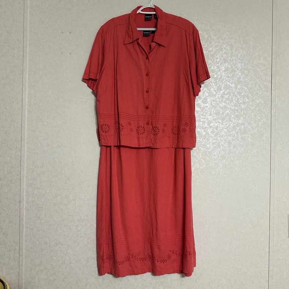 Erika Woman Eyelet Linen Blend 2-Piece Dress & Shirt Set Coral Red 1X